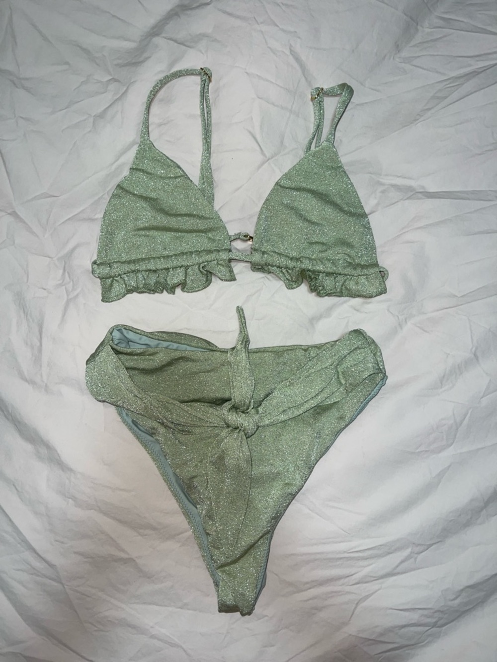 Montce Shimmery Light Green Ruffle Bikini Top & High-Rise Tie-Front Bottoms